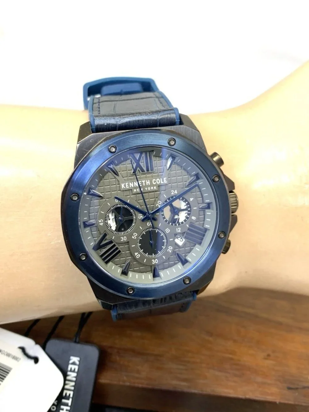 Kenneth Cole Men's Watch Quartz Chronograph Gray Dial Blue Black Rubber 45mm